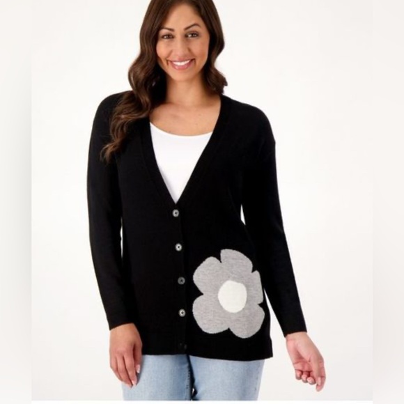 Laurie Felt Sweaters - Laurie Felt Black Cardigan with Floral Design